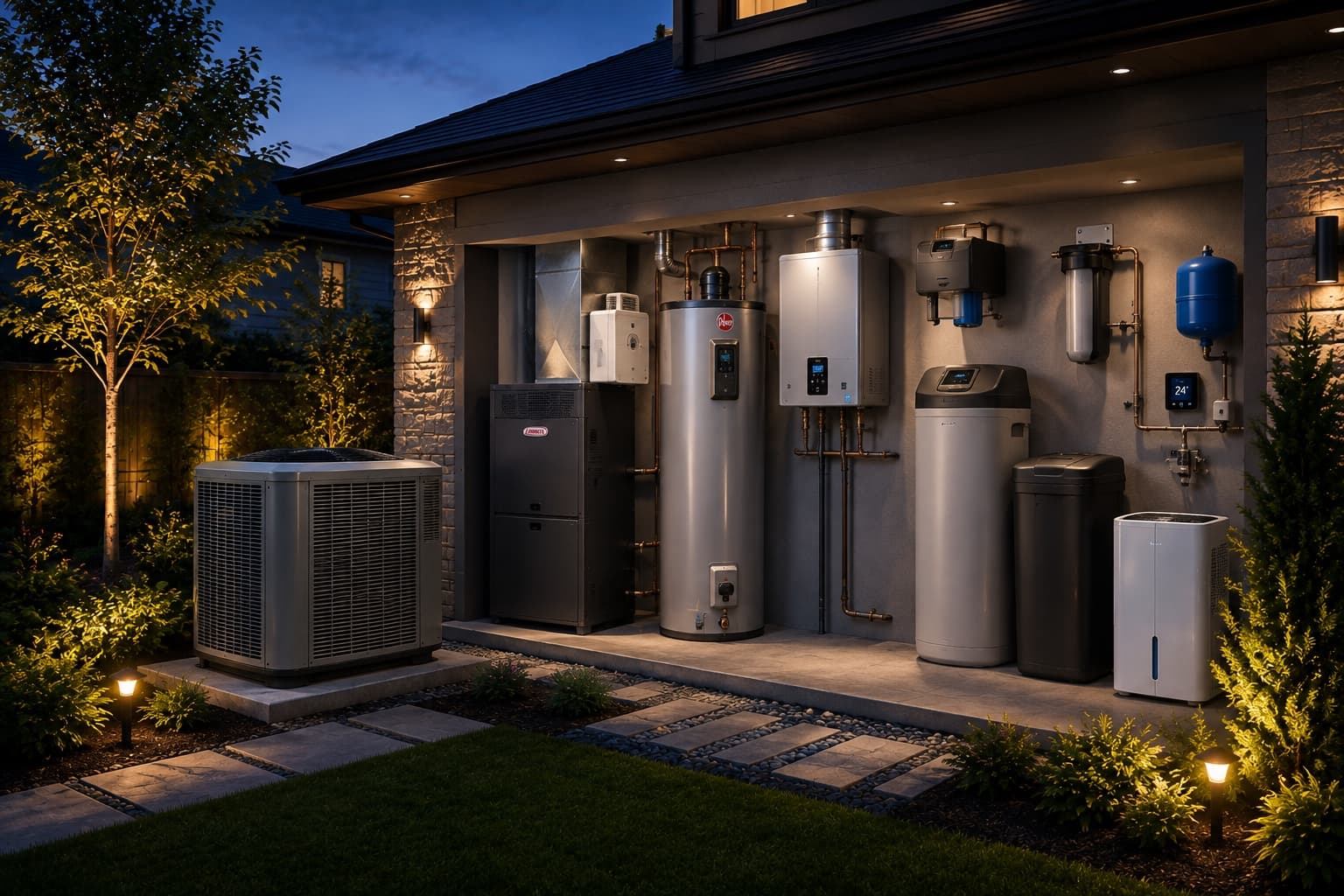 A full residential HVAC and water system lineup — furnace, air conditioner, tankless water heater, water softener, reverse osmosis filtration, and smart thermostat, professionally installed