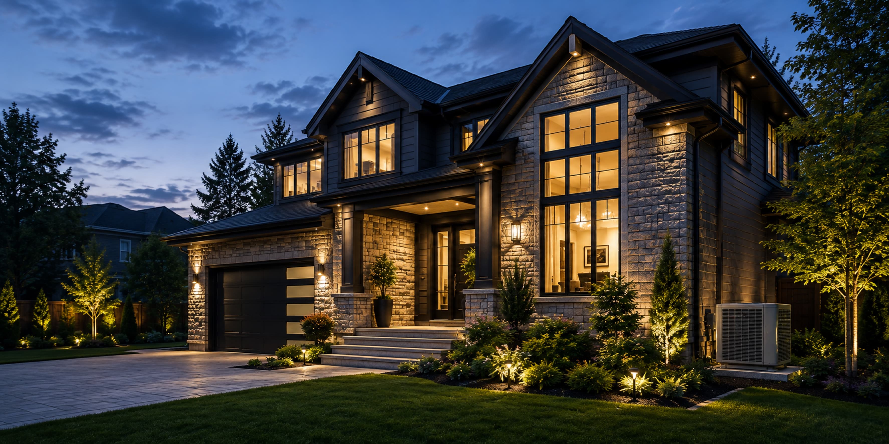 A luxury modern home at dusk, warmly lit, with a residential heat pump/condenser unit visible beside the front steps